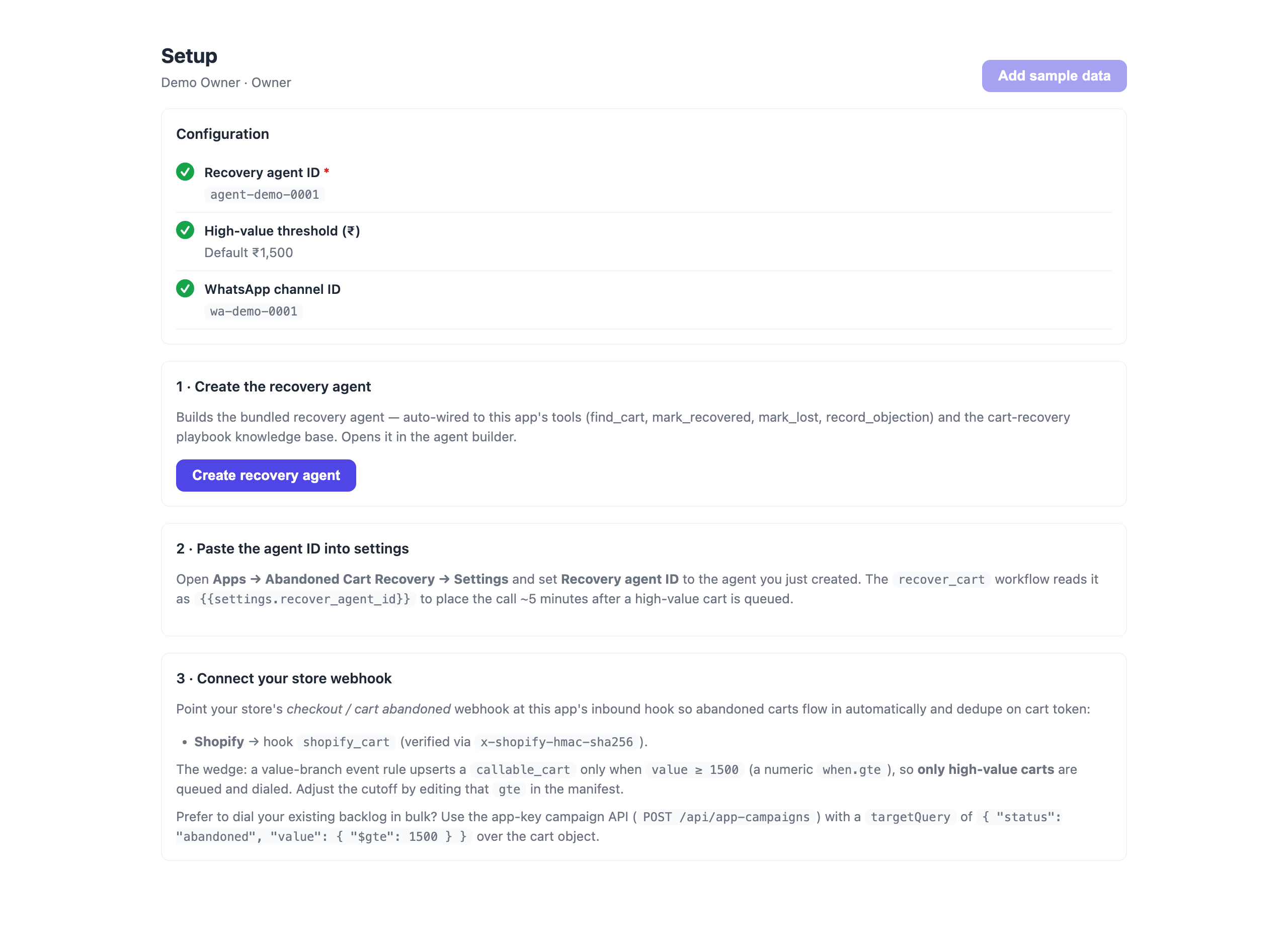 Guided setup — create the agent & connect your data