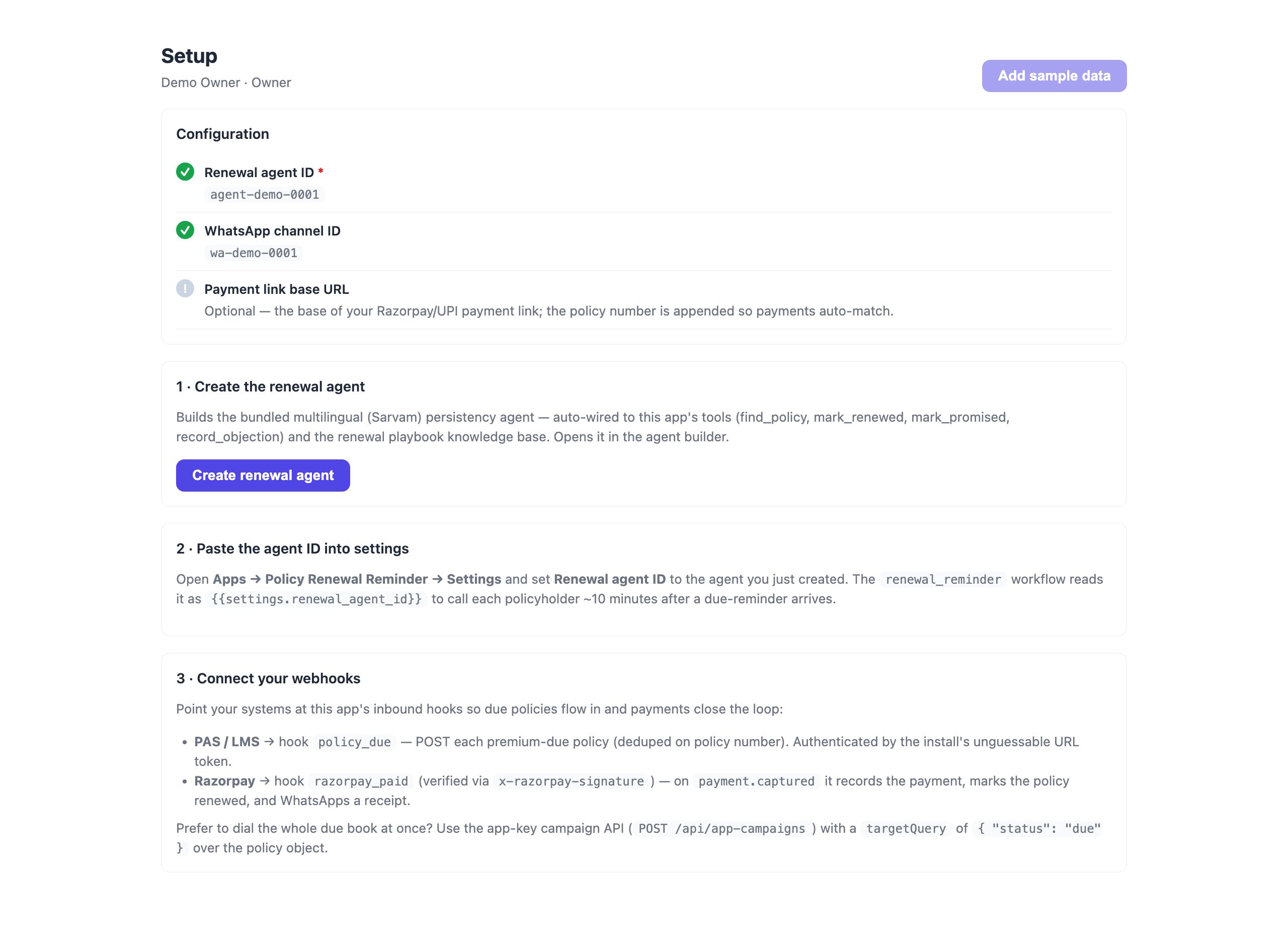Guided setup — create the agent & connect your data