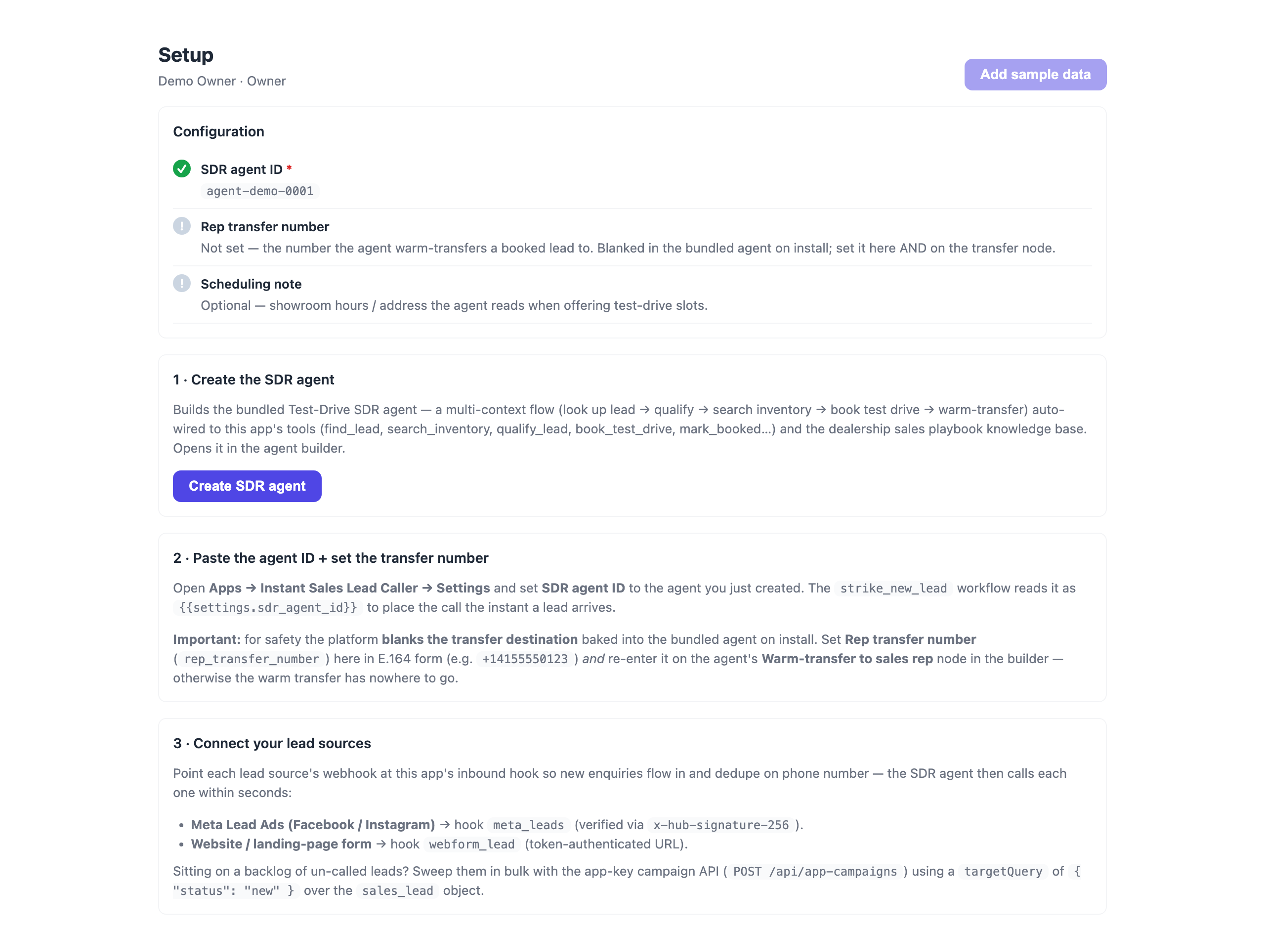 Guided setup — create the agent & connect your data